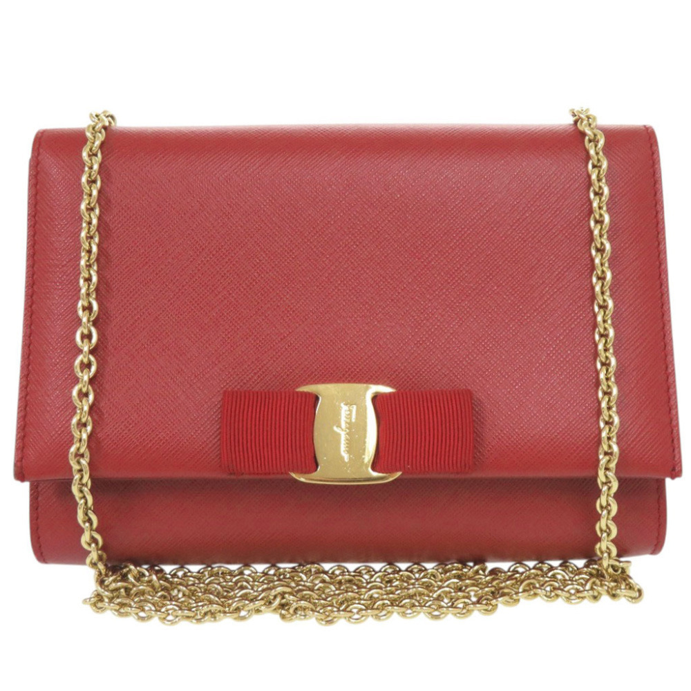 Salvatore Ferragamo Vara Ribbon Leather Red Chain Shoulder Bag 1197